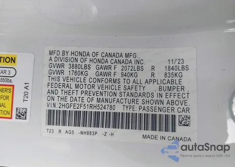 2024 Honda Civic Sport from USA, damaged, VIN 2HGFE2F51RH524780